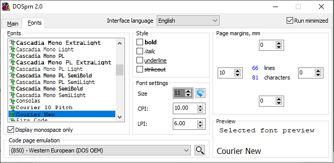 DOS printer codepages, margins and fonts selectable